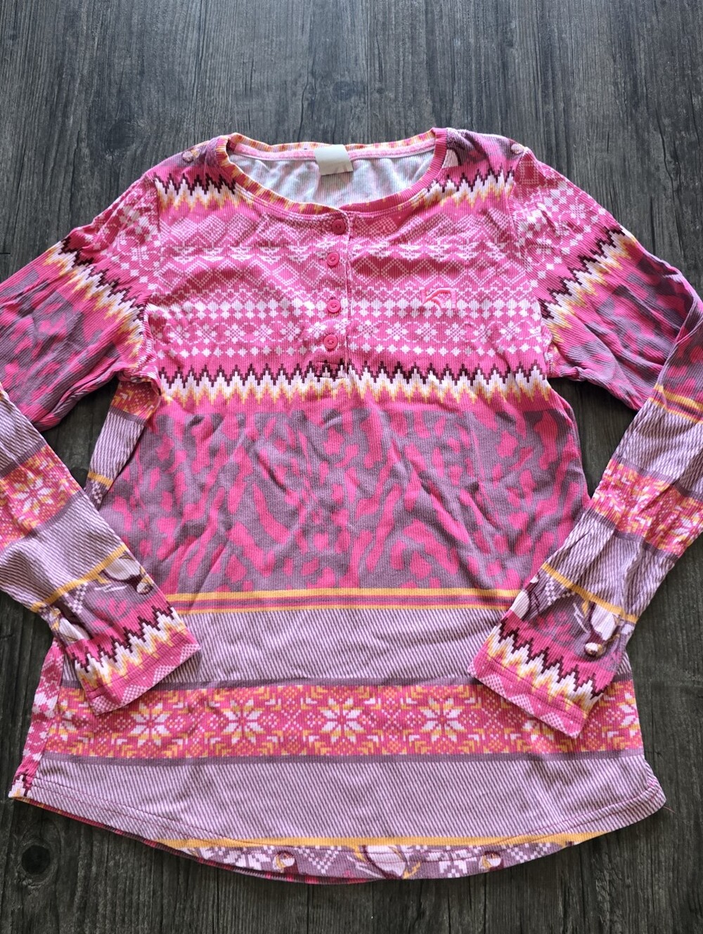 Kari Traa Pink Purple Geometric Penguin Snow Henley Knit Long Sleeve Top Women S